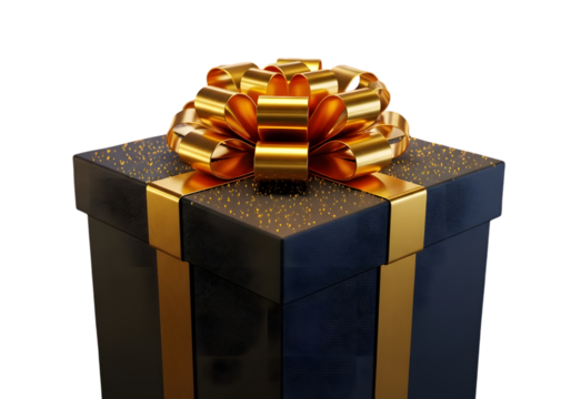 Luxury gift box with golden ribbon isolated on transparent background, present concept