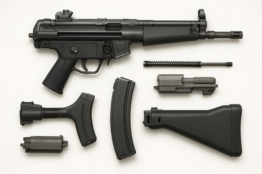 Disassembled H&K MP5 Components &ndash; Top-Down Technical Layout