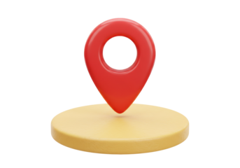 Red location pin isolated on yellow platform PNG, 3D map pointer icon for navigation and travel concepts