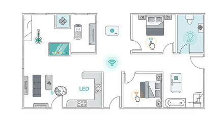 Fototapeta premium Smart Home Automation System Layout With Connected Devices Top View