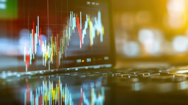 Stock Market Analysis: A close-up view of a laptop screen displaying complex financial charts and graphs, symbolizing market trends, data analysis, and the dynamics of the stock market.