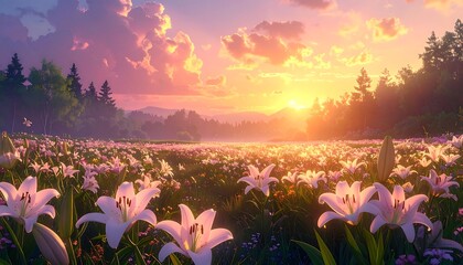 A vibrant sunset casts light over a field of lilies, forest in background, peaceful