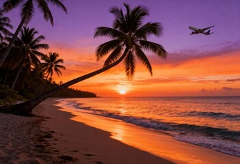 Vibrant tropical beach at sunset with silhouetted palm trees and an airplane flying overhead. Ideal for travel, vacation, and wanderlust concepts or summer promotions.
