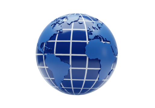 Blue globe with continents isolated on transparent background, world map PNG for geography and education