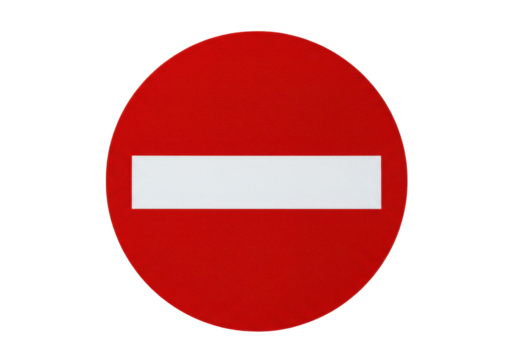 Red circle with white bar isolated on transparent PNG, do not enter sign for traffic and safety regulations