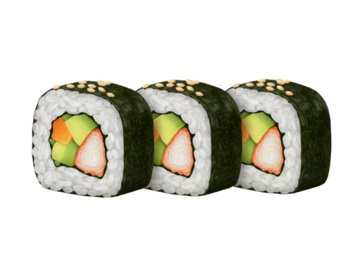 Three sushi rolls isolated on transparent background, maki with rice, seaweed, avocado, carrot, and crab stick, Japanese cuisine