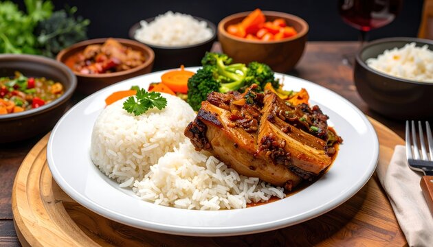 Typical peruvian food and drinks, pork belly with rice and vegetables