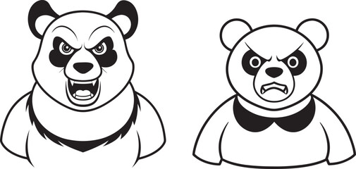 Two Cartoon Panda Bears Displaying Angry Facial Expressions in Black and White Drawing