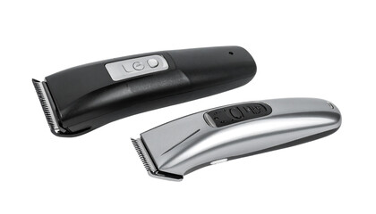  Pair of modern rechargeable beard trimmers with LED lights isolated on transparent background