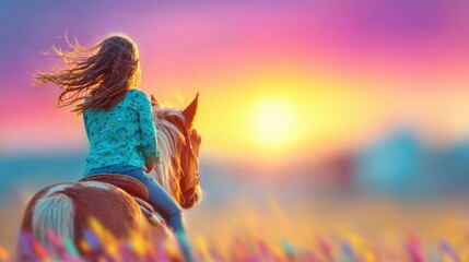 Girl riding a horse at sunset with colorful flowers in the foreground