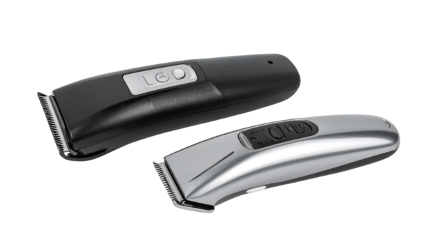  Pair of modern rechargeable beard trimmers with LED lights isolated on transparent background