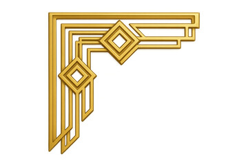 Golden art deco corner frame element with geometric ornamental border design on transparent background
