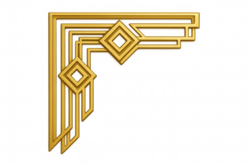 Golden art deco corner frame element with geometric ornamental border design on transparent background