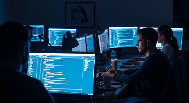Developers Working in Dark Office Multiple Screens Displaying Code and Data in a Cyber Security Environment