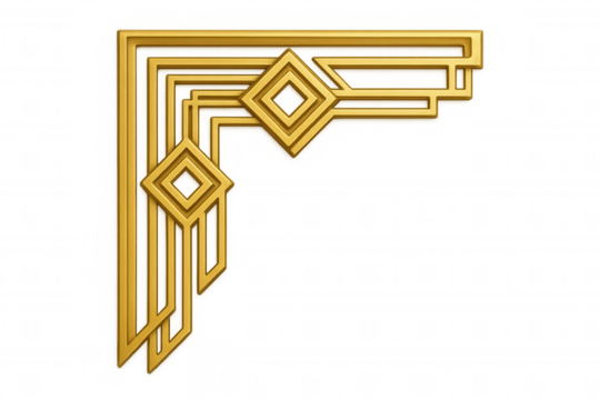 Golden art deco corner frame element with geometric ornamental border design on transparent background