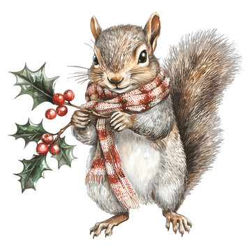 Cute Winter Squirrel with Holly and Scarf: Watercolor Clipart

