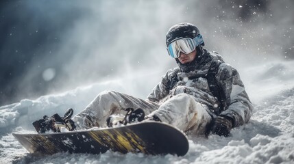 Snowboarder resting after a fall at a winter park surrounded by snowy mountains
