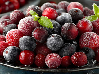 Frosty berry medley with strawberries, blackberries, blueberries, redcurrants sparkling with ice crystals on dark, glistening surface