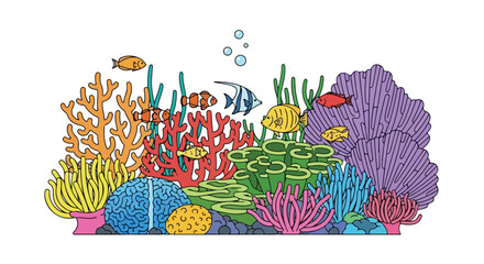 Vibrant coral reef ecosystem illustration with diverse fish species and colorful coral formations offering serene underwater visuals