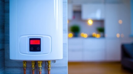 Modern water heater installation in a bright kitchen setting
