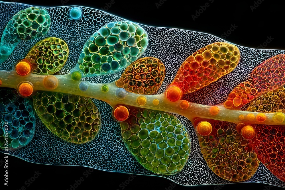 Wall mural an abstract macro photography composition featuring colorful organic shapes arranged along a stem, s