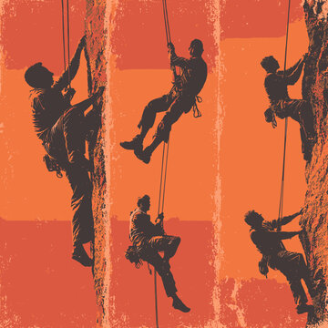 Dynamic silhouettes of rock climbers and rappellers on a grunge-textured orange and red background, depicting extreme outdoor sport adventure.