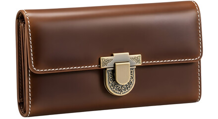 Vintage brown leather wallet isolated on transparent background with metal clasp