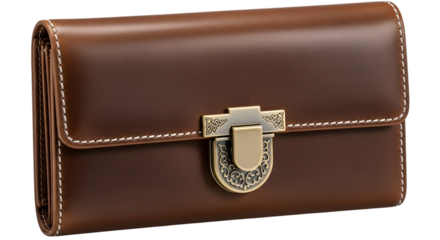Vintage brown leather wallet isolated on transparent background with metal clasp