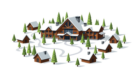 Winter Village Retreat: A picturesque illustration showcasing a snowy mountain lodge surrounded by smaller cabins and evergreen trees in a stylized