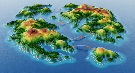 Detailed Topographic Map of Islands with Lush Greenery in Azure Sea