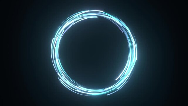 無数の光の線が渦を巻きながら回転してリングを描く幻想的なアニメーション。水や魚の群れをイメージした暗闇に光る輪の動画背景