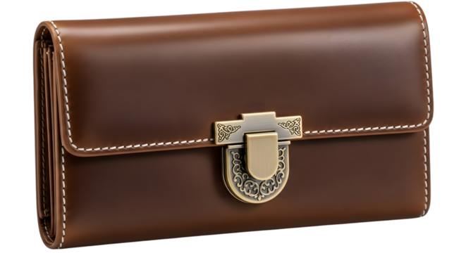 Vintage brown leather wallet isolated on transparent background with metal clasp