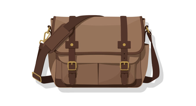 Detailed illustration showcases a brown satchel bag with a shoulder strap and buckle closures offering vintage and stylish design