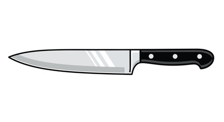 Illustration of a sharp kitchen knife with a black handle and silver blade on white backround