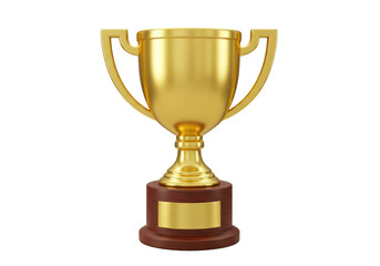 Isolated gold trophy on a dark wood base with a blank golden plaque for engraving name