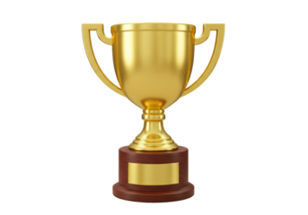 Isolated gold trophy on a dark wood base with a blank golden plaque for engraving name
