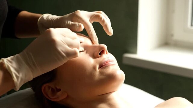 Beautician Adjusting Eyebrows of a Woman with Latex Gloves in a Beauty Salon Setting With Natural Light and Green Wall Aesthetic Beauty Treatment Correction Enhancement Process
