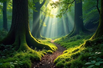 Sun-dappled Forest Floor Ancient Trees, Lush Moss, Tranquil Wilderness