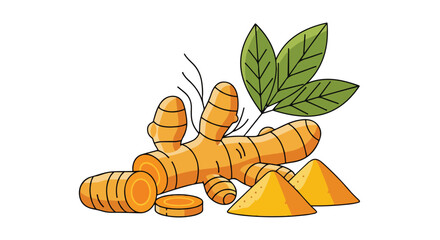 Vibrant turmeric rhizome illustration with leaves and powdered form showing spice and freshness for health or culinary uses
