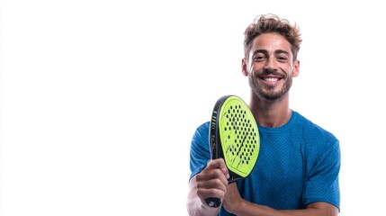 Excited young padel player smiling and posing with racket