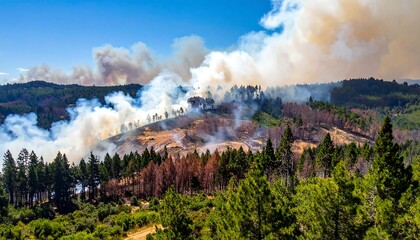 Fototapeta premium Aerial shot of a wildfire raging through a forested hillside, thick smoke billowing into blue sky
