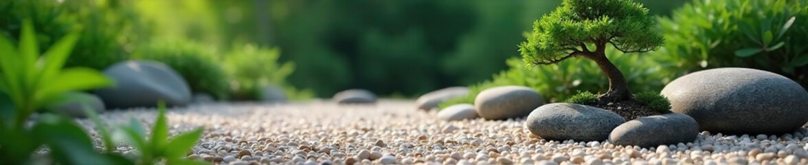 Tranquil Zen Garden Raked Gravel, Smooth Stones, Bonsai Tree, Mindfulness Meditation, Peaceful Relaxation