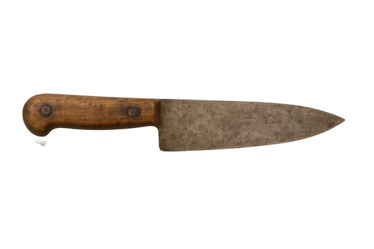 Vintage butcher knife with rustic wooden handle and old rusty metal blade on transparent background