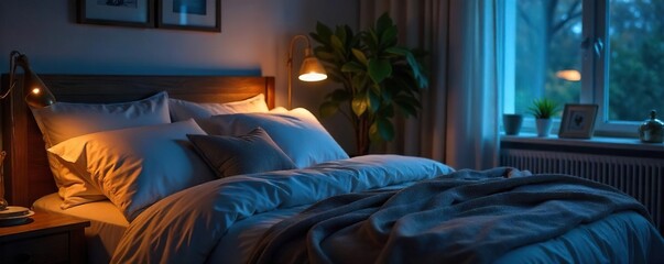 Serene Nighttime Bedroom Soft Lighting Illuminates a Cozy Bed, Perfect for Relaxation and Peaceful Sleep