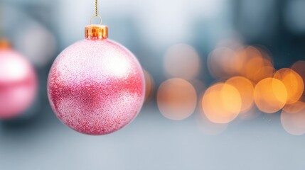 Fototapeta premium Bright pink Christmas ornament hanging against a blurred background of lights