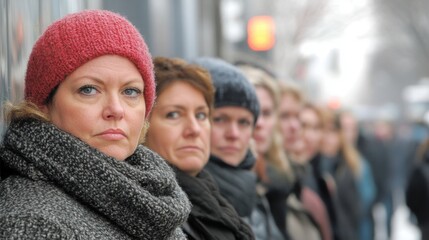 Women standing together in winter coats on a snowy street in a city