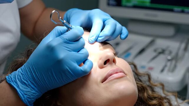 Close-up of a Doctor's Hands Performing Eyebrow Threading on a Woman in a Brightly Lit Clinical Setting Featuring Blue Gloves and Surgical Instruments Procedure for Beauty Treatment Near Hospital