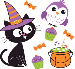 Set of cute vector Halloween elements, objects and icons