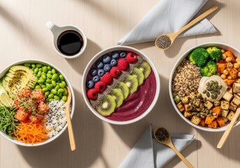 Top view trio of healthy bowls — acai smoothie bowl, salmon poke bowl & vegan quinoa tofu bowl