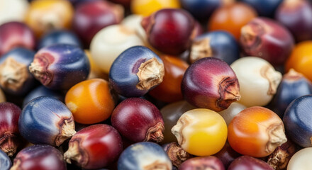Close up view of heirloom corn kernels symbol of agricultural biodiversity and food sovereignty. This abundant and natural food has rich and organic texture for background